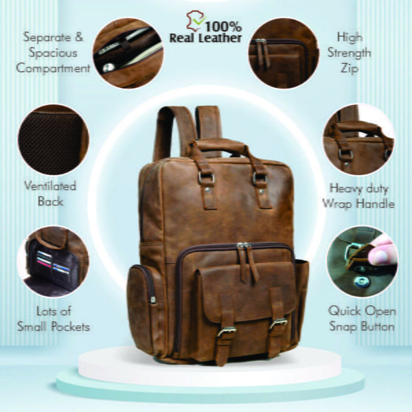 Large Vintage Full Grain Leather Backpack - Image 4