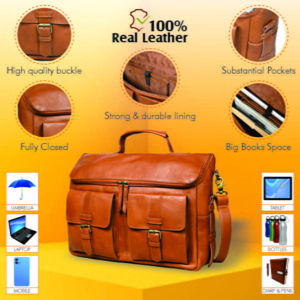 Tan Full Grain Leather Bag for Men - Image 3
