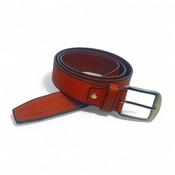 Tan Stitched Leather Belt for Men – Full Grain Genuine Leather with Polished Antique Buckle - Image 3