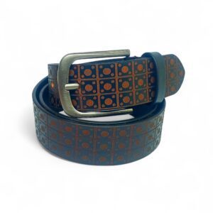 Men’s Premium Full Grain Leather Belt – Brown with Geometric Pattern & Antique Finish Buckle