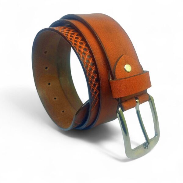 Textured Tan Leather Belt for Men – Full Grain Real Leather with Cross Pattern Design - Image 2