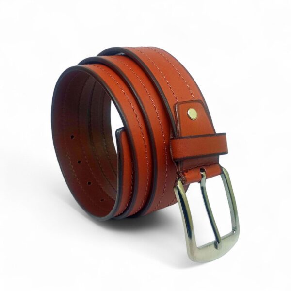 Tan Stitched Leather Belt for Men – Full Grain Genuine Leather with Polished Antique Buckle - Image 2