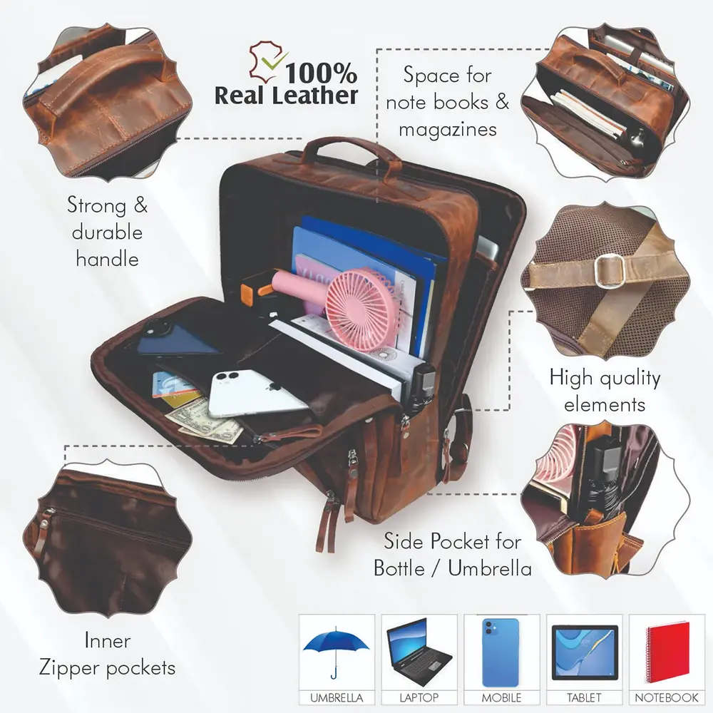 Premium Full Grain Leather Laptop Backpack – Brown Travel & Office Bag with Multiple Compartments - Image 9