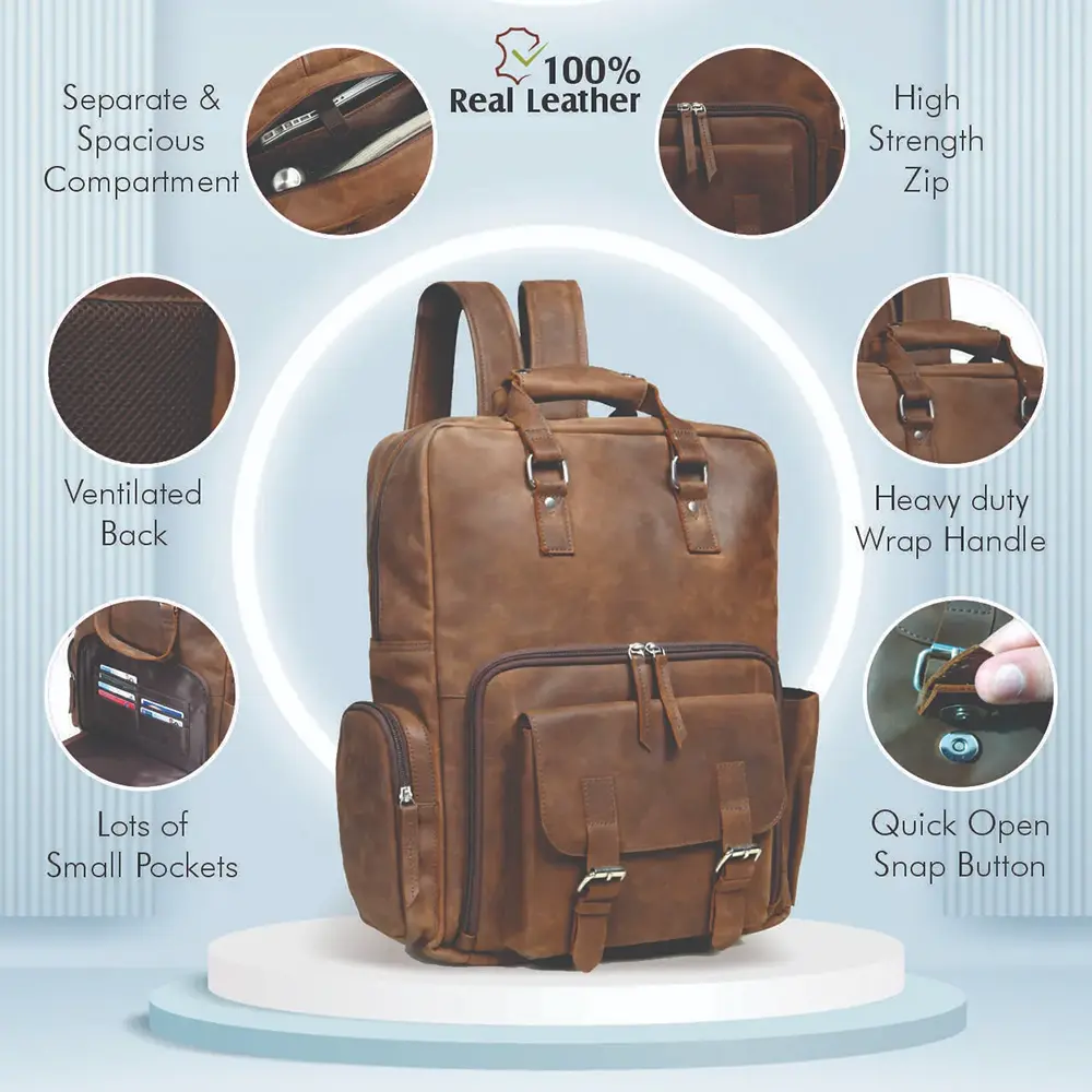 Premium Brown Leather Laptop Backpack for Men – Business & Travel Bag with Multiple Compartments - Image 9