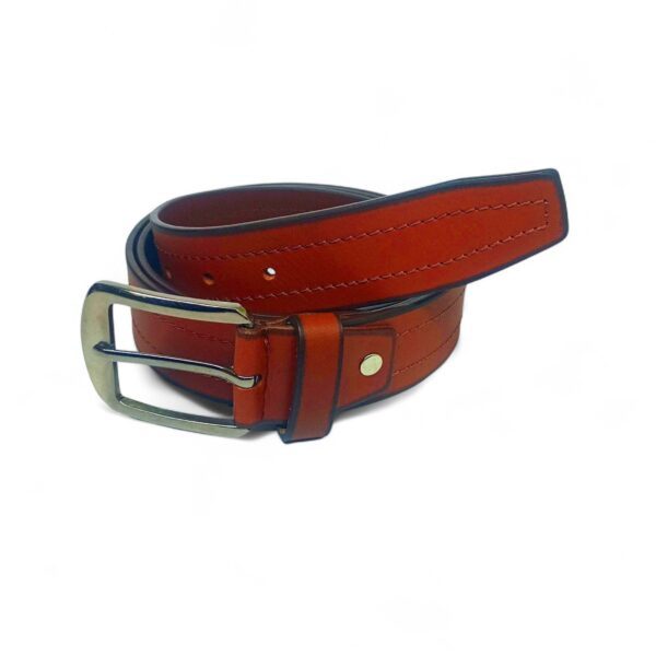 Tan Stitched Leather Belt for Men – Full Grain Genuine Leather with Polished Antique Buckle - Image 4