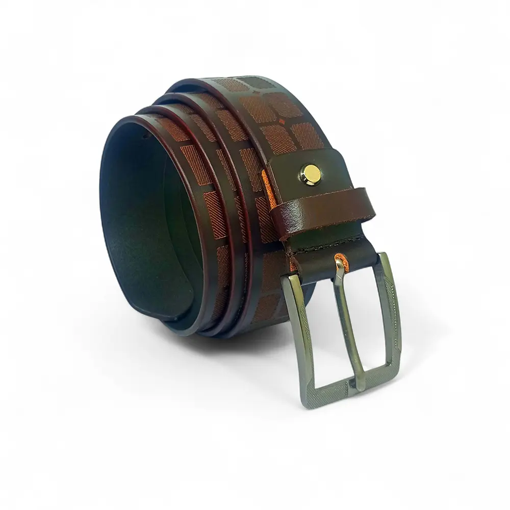 Premium Full Grain Leather Patterned Belt for Men – Brown Casual Belt with Brass Buckle LB-322