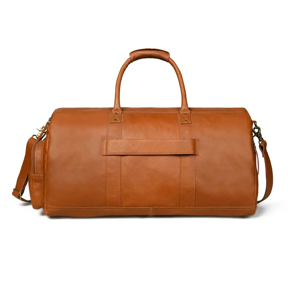Premium Full Grain Leather Travel Duffle Bag – 22 Inch Tan Weekender with Shoulder Strap - Image 3