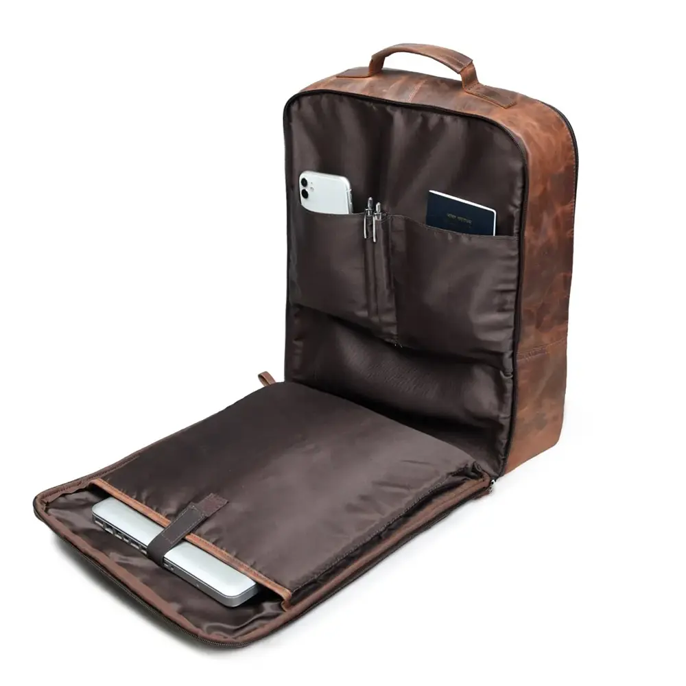 Premium Full Grain Leather Laptop Backpack – Brown Travel & Office Bag with Multiple Compartments - Image 5