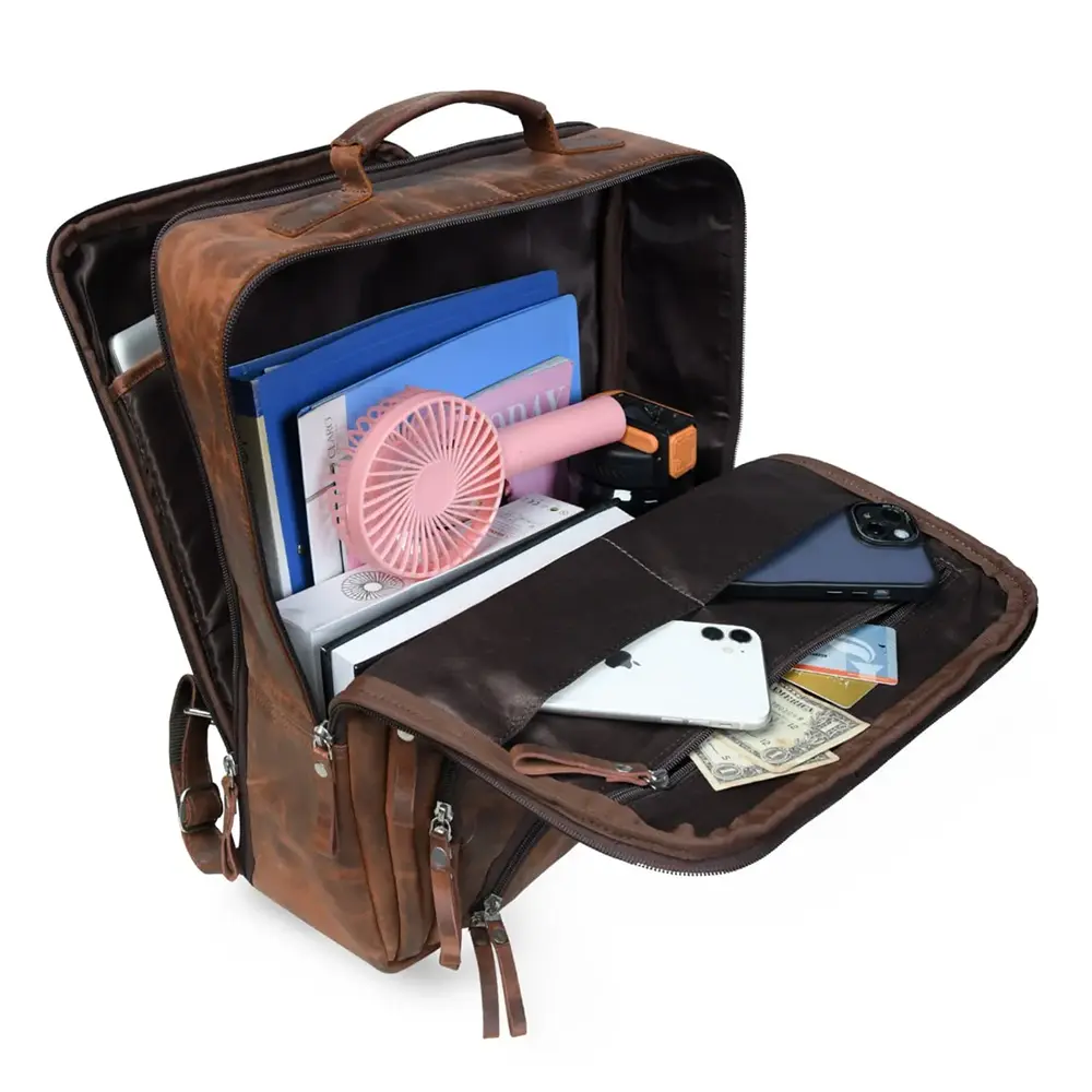 Premium Full Grain Leather Laptop Backpack – Brown Travel & Office Bag with Multiple Compartments - Image 7